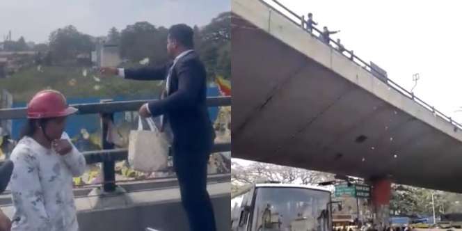 Viral Pria Misterius Berkalung Jam Dinding Sebar Uang dari Flyover