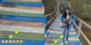 Definisi Sebenarnya Menyatu dengan Alam, Wanita Ini Pakai Baju Bermotif Sama Persis dengan Jembatan Warna-Warni, Malu tapi Ngakak