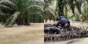 Momen Mendebarkan Pria Terjebak Banjir Sendirian, Ditemukan Tim Penyelamat Spontan Sujud Syukur di Atas Kap Mobil