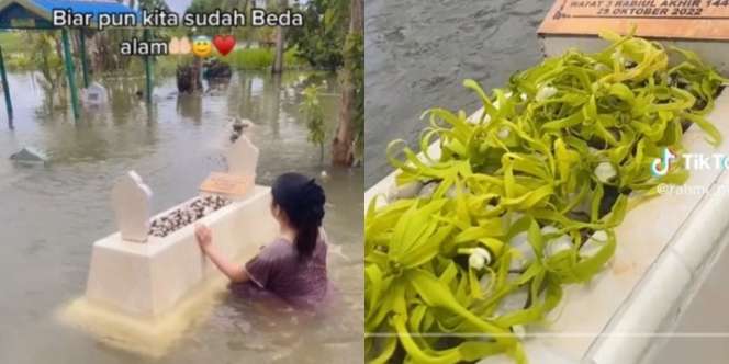 Momen Haru Wanita Ziarah dan Bersihkan Makam Ibunya yang Terendam Banjir