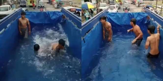 Anti Mainstream! Para Pemuda Ini Asyik Berenang di Bak Truk