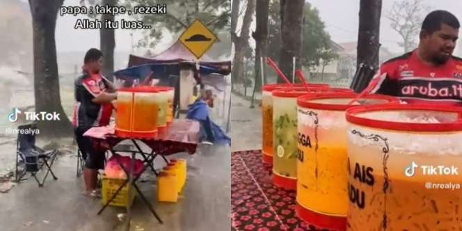 Perjuangan Ayah Jualan Es, Pasrah Dagangan yang Masih Banyak Terguyur Hujan Deras, Bikin Hati Pilu