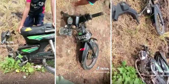 Apes! Diduga Gara-gara Gas Nyangkut, Motor Lawas Patah Jadi Dua Saat Dievakuasi di Dekat Sawah