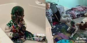 Momen Kocak Bayi Mandi Cat hanya Bisa Pasrah Kepala Jadi Warna-warni, Begini Reaksi Orangtuanya