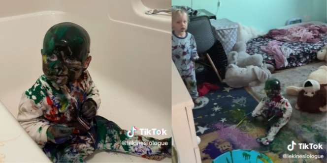 Momen Kocak Bayi Mandi Cat hanya Bisa Pasrah Kepala Jadi Warna-warni, Begini Reaksi Orangtuanya