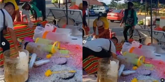 Sedih Lihatnya! Dagangan Tukang Es ini Habis Tumpah Berserakan karena Mejanya Tak Kuat Menopang