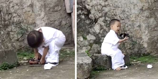 Kesal Pakai Sepatu Rusak, Anak Laki-laki Ini Langsung Buang
