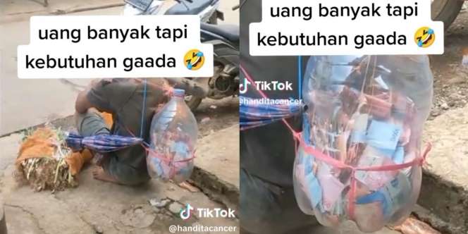 Viral Video Pria Berpenampilan Kumal Gendong Galon Air Berisi Penuh Pecahan Rp100 Ribuan, Netizen: Uang Banyak, Kebutuhan Ga Ada