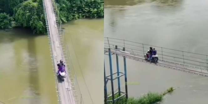 Detik-Detik Pengendara Motor Lewat Jembatan Gantung di Riau Bikin yang Lihat Deg-degan, 'Latihan Lewat Shiratal Mustaqim'