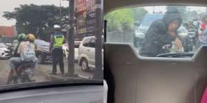 Momen Pengendara Motor Enggak Pakai Helm, Panik Ngumpet di Belakang Mobil Takut Ketahuan Polisi, Ekspresinya Bikin Ngakak