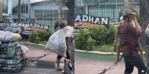 Viral Pria Lusuh Jalan Tertatih Seret Tumpukan Karung Sambil Gendong Anak, Disebut hanya Modus Belaka