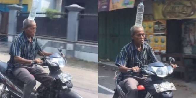Emak-Emak Minggir Dulu, Giliran Bapak-Bapak Pamer Skill Naik Motor Supra Sambil Bawa Botol Air di Kepala