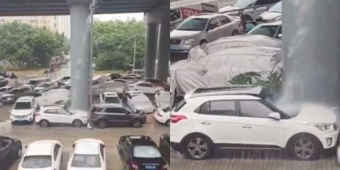 Apes! Mobil Parkir Sembarangan Dihantam `Air Terjun` dari Jalanan Hingga Kaca Depan Hancur