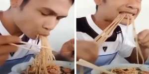 Ngakak! Aksi Pria Makan Mie Ayam Ini di Luar Nalar: Kenyal dan Alot Kayak Karet, Mie Sampai Mental dan Nabok Bibir