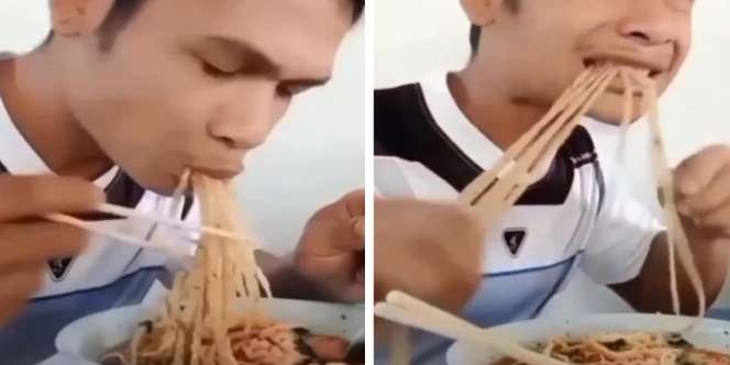 Ngakak! Aksi Pria Makan Mie Ayam Ini di Luar Nalar: Kenyal dan Alot Kayak Karet, Mie Sampai Mental dan Nabok Bibir