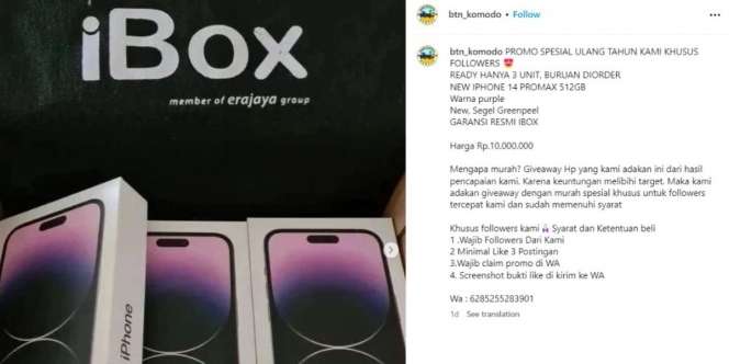 Instagram Balai Taman Nasional Komodo Jadi Akun Jualan iPhone