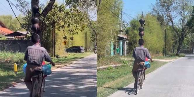 Viral Aksi Pria di Blora Kayuh Sepeda Sambil Bawa 3 Kendi di Atas Kepala, `Balancing`-nya di Atas Rata-Rata