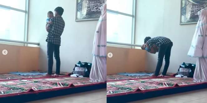 Viral Ayah Gendong Anak Saat Sholat Berjamaah Gegara Tak Ada yang Jaga