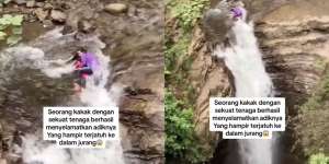 Detik-Detik Menegangkan Kakak Gelantungan di Air Terjun Tolong Adiknya yang Hampir Jatuh ke Jurang
