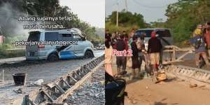 Mobil Nyangkut di Jalan Cor yang Masih Basah, Sopir Sibuk Tancap Gas, Pekerja Santai Lanjut Ngecor