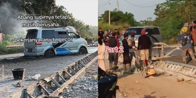 Mobil Nyangkut di Jalan Cor yang Masih Basah, Sopir Sibuk Tancap Gas, Pekerja Santai Lanjut Ngecor
