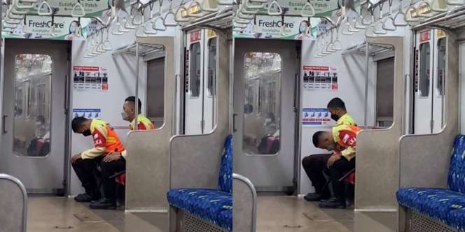 Masya Allah! Viral Petugas KRL Sholat di Gerbong Kereta Sambil Duduk, Netizen Kagum Melihatnya