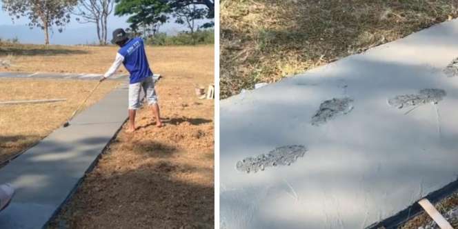 Netizen Heran Tukang Bangunan Ini Santuy Injak-Injak Semen Basah yang Baru Dirapikan Temannya, Sampai Tinggalkan Jejak Abadi