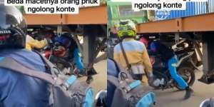 Aksi Nekat Pemotor Nyelip di Kolong Truk Kontainer Demi Hindari Macet, Nggak Ada Lawan!