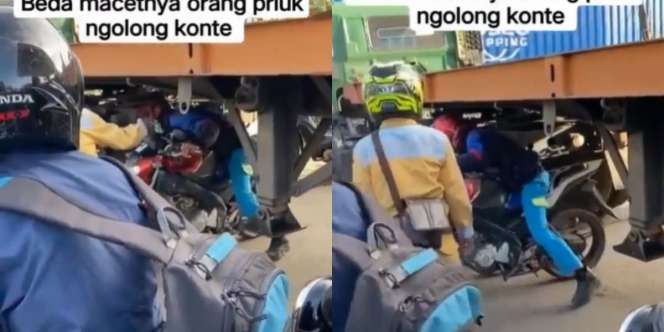 Aksi Nekat Pemotor Nyelip di Kolong Truk Kontainer Demi Hindari Macet, Nggak Ada Lawan!