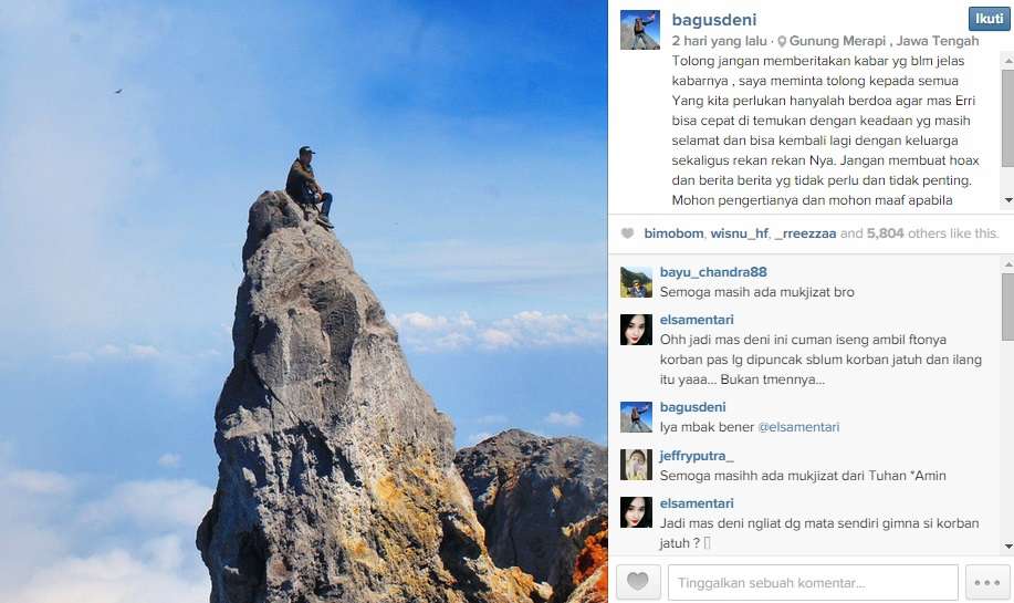 Foto-foto `Bernyali` Mahasiswa yang Jatuh ke Kawah Merapi