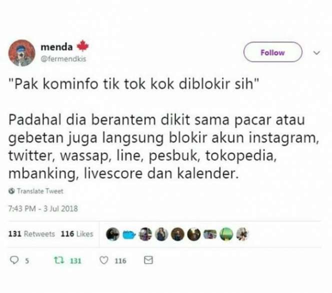 6 Cuitan Kocak Netizen Soal Pemblokiran Tik Tok