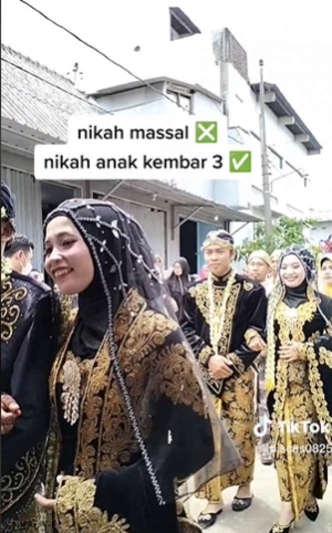Viral Pernikahan Wanita Kembar 3, Iring-Iringan Bak Nikah Massal, Suami Auto Susah Bedain!