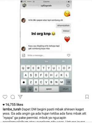 Direct Message yang masuk ke akun IG Shireen Sungkar.