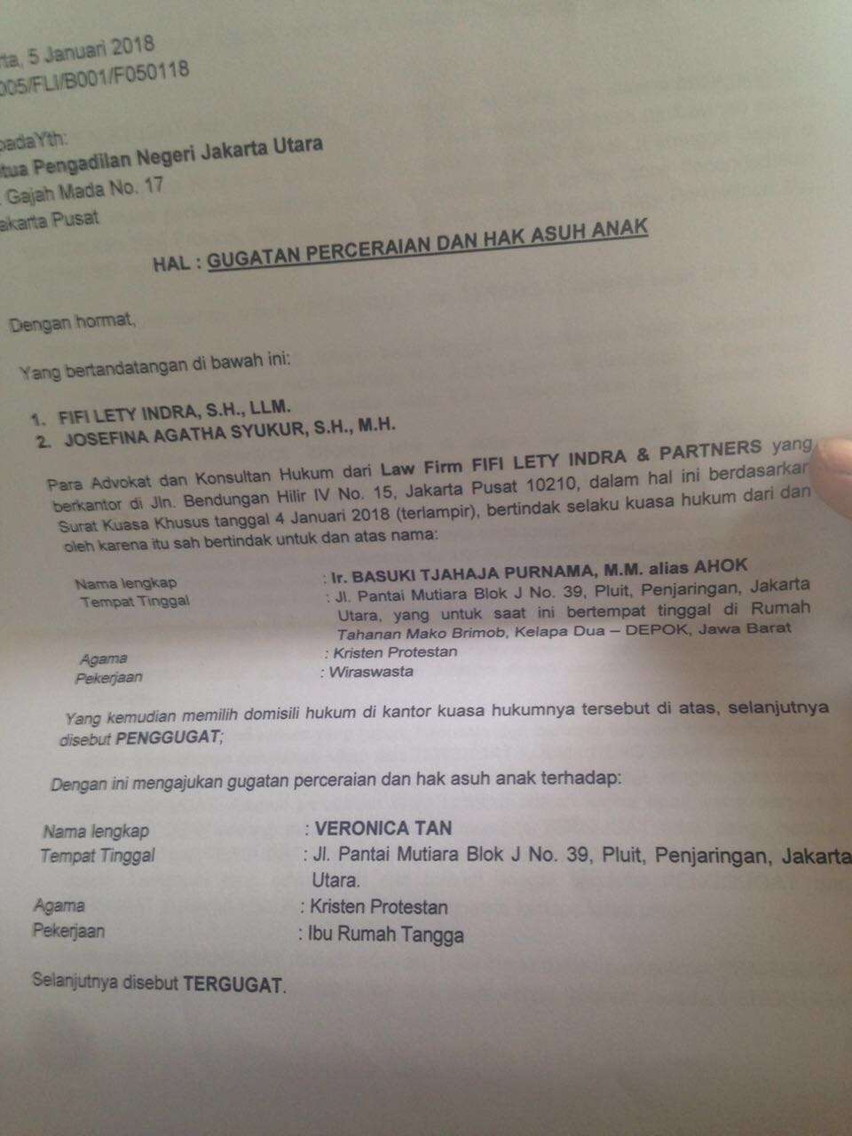 Surat gugatan cerai Ahok pada Veronica Tan
