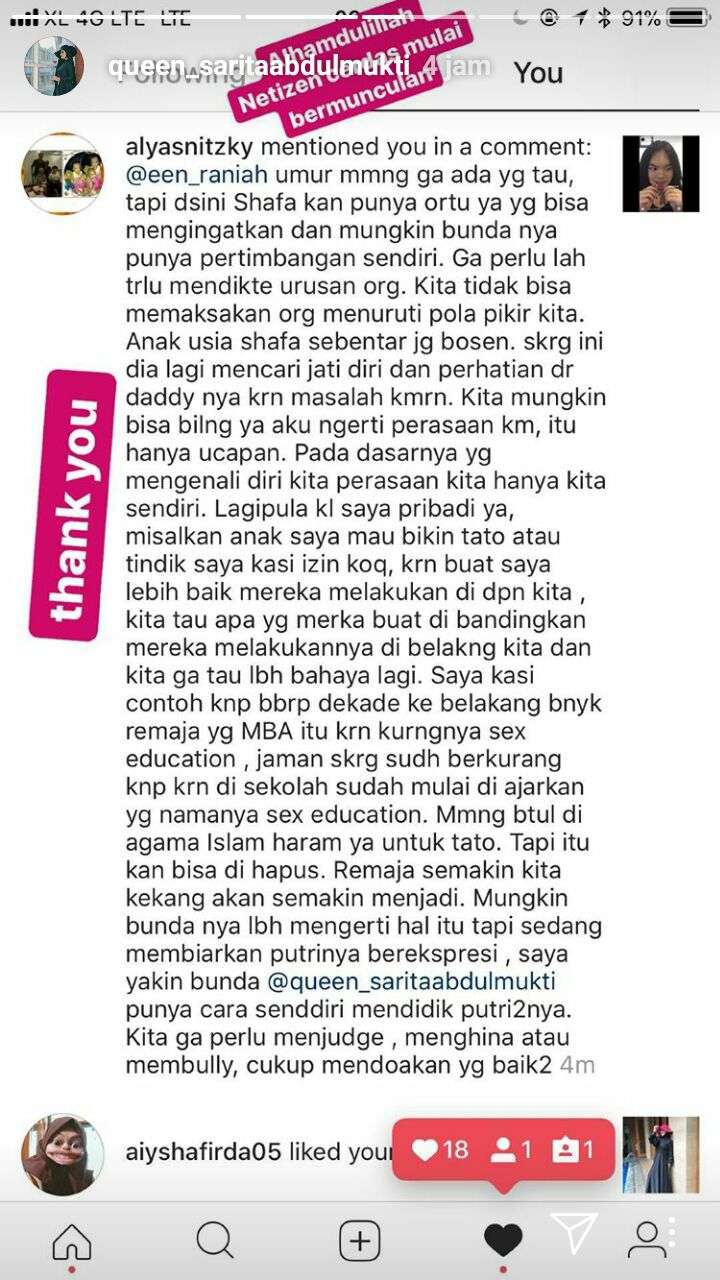 unggahan sari haris soal tato shafa haris