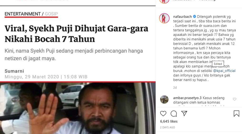 Postingan Nafa urbach tentang Syekh Puji