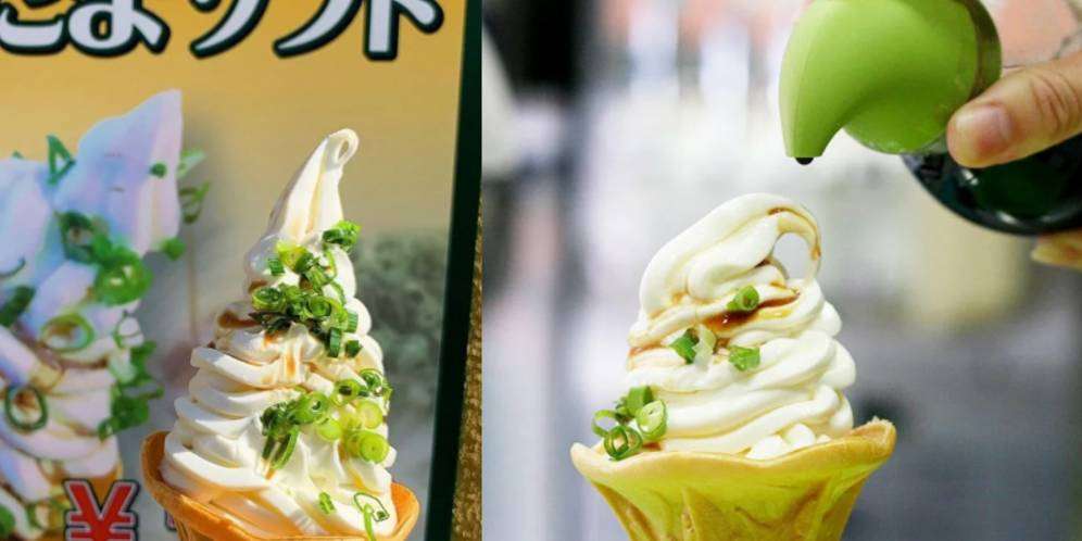 Santap Udon dalam Bentuk Es Krim Bertabur Daun Bawang